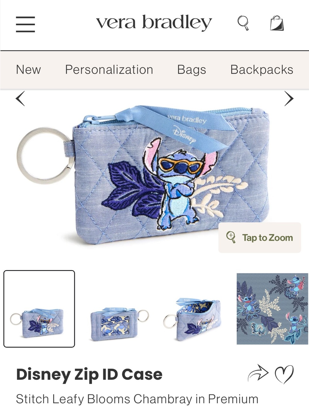 Vera Bradley Light Blue Quilted Disney Stitch Zip ID Case